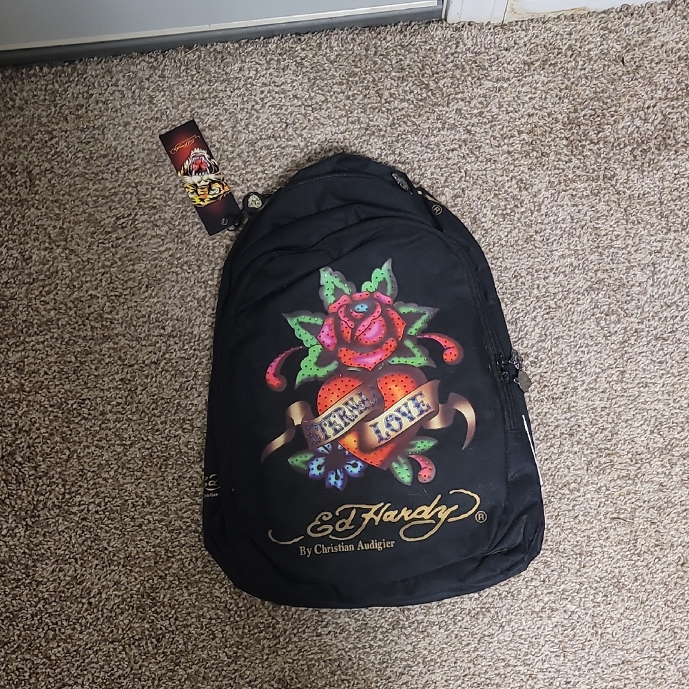 Ed Hardy Black Backpack with Rose and Heart Design
